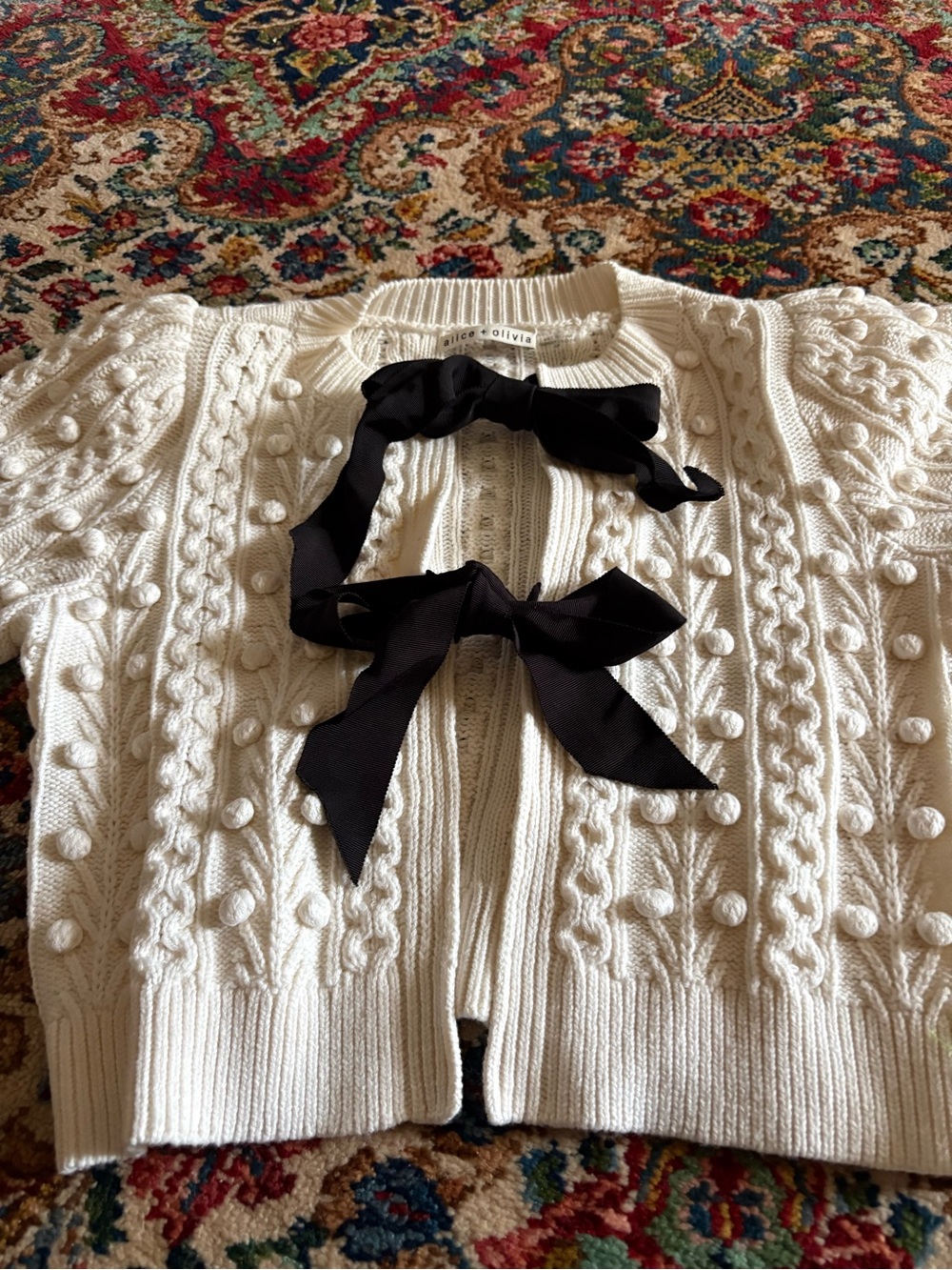 Alice + Olivia Cream Kitty Puff-Sleeve Cardigan Black Ribbon Bows Small - Picture 2 of 5